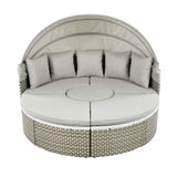 A TOPMAX Round Rattan Daybed Set with a retractable gray canopy, gray cushions, and a gray-white woven base.