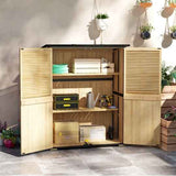 NatureScape Living's wooden Outdoor Storage Shed, open with shelves neatly organizing garden tools and supplies.