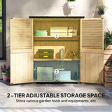 NatureScape Living outdoor wooden garden tool house, doors open to reveal two adjustable shelves filled with various garden tools.