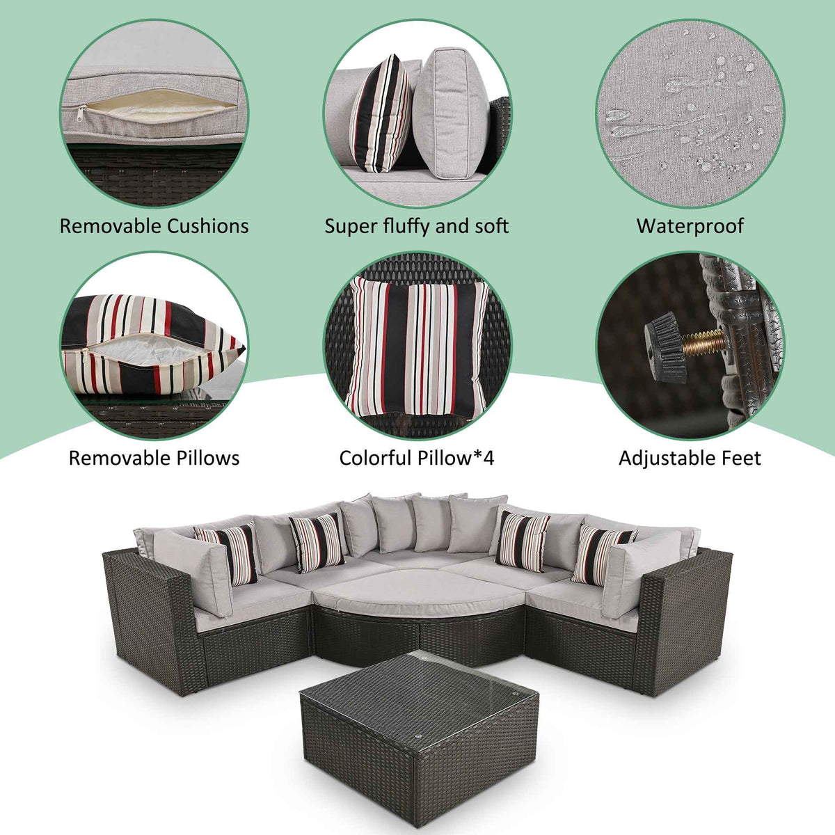 GO 7-piece brown wicker rattan lounger with gray cushions, striped pillows, and removable, waterproof, adjustable feet.