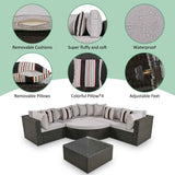 GO 7-piece brown wicker rattan lounger with gray cushions, striped pillows, and removable, waterproof, adjustable feet.
