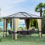 A NatureScape Living 10x8 Pergola Patio Gazebo with a grey frame, clear roof, and cream curtains over an outdoor dining set on a lakeside lawn.