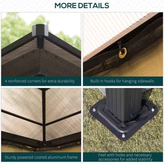 NatureScape Living Patio Gazebo details: reinforced corners, sidewall hooks, a sturdy aluminum frame, and stable feet in grass.