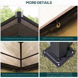 NatureScape Living Patio Gazebo details: reinforced corners, sidewall hooks, a sturdy aluminum frame, and stable feet in grass.