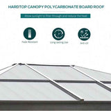 A close-up of a Patio Gazebo's grey polycarbonate hardtop roof, highlighting fade resistance, long-lasting use, and anti-UV protection.