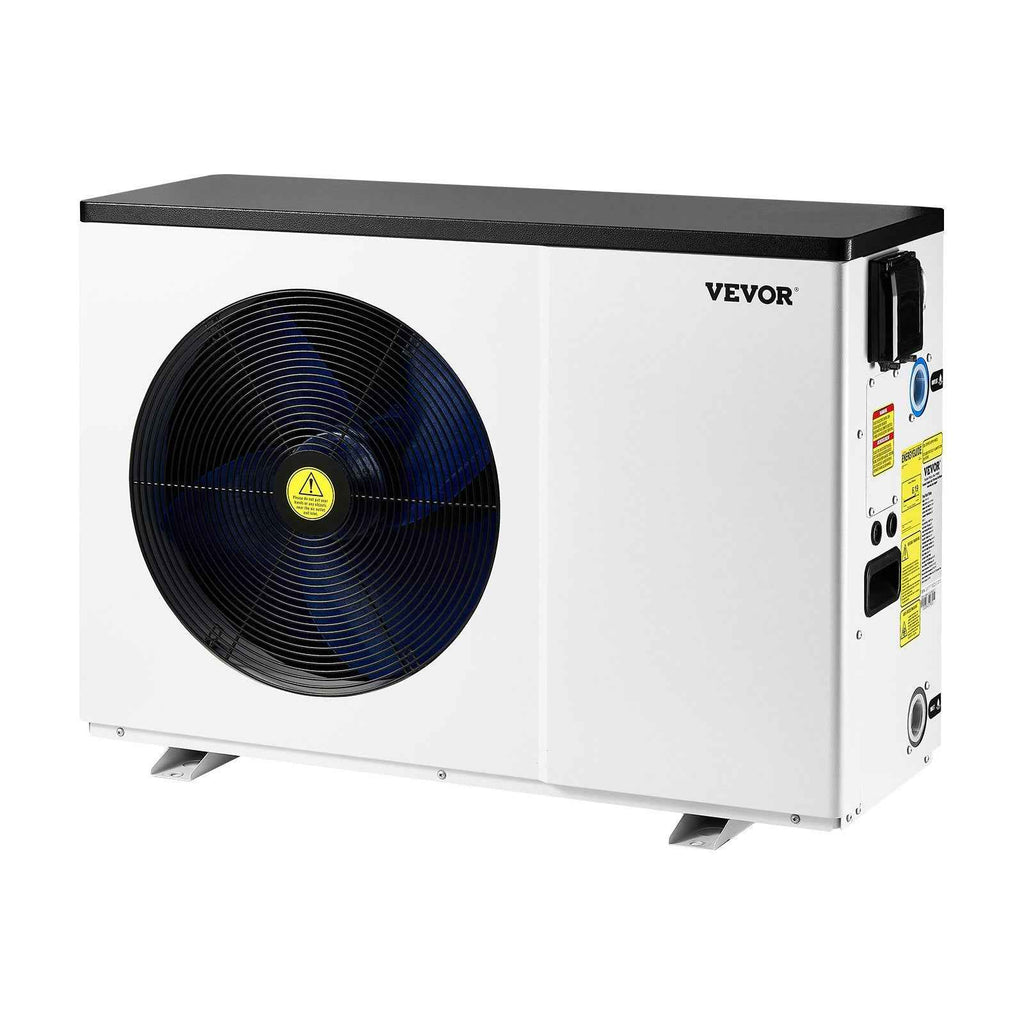 A white VEVOR 35830 BTU electric pool heat pump, featuring a black top and a prominent fan grille, ready for all pools.