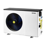 A white VEVOR 35830 BTU electric pool heat pump, featuring a black top and a prominent fan grille, ready for all pools.