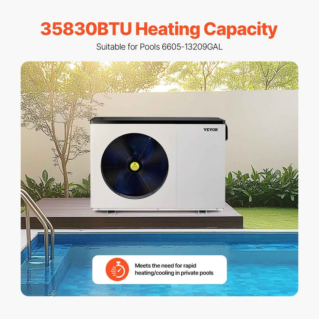A Vevor Electric Pool Heating Pump, a white 35830 BTU unit, sits on a deck by a pool, providing rapid heating/cooling for 6605-13209 GAL.