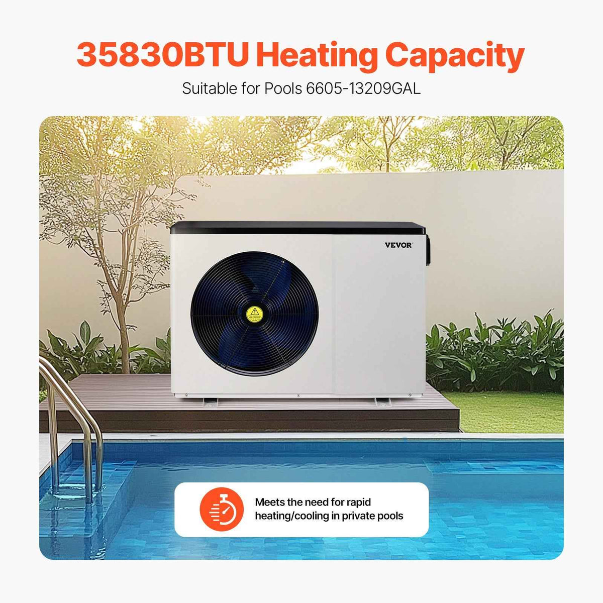 A Vevor Electric Pool Heating Pump, a white 35830 BTU unit, sits on a deck by a pool, providing rapid heating/cooling for 6605-13209 GAL.