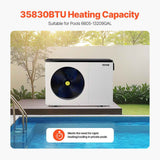 A Vevor Electric Pool Heating Pump, a white 35830 BTU unit, sits on a deck by a pool, providing rapid heating/cooling for 6605-13209 GAL.