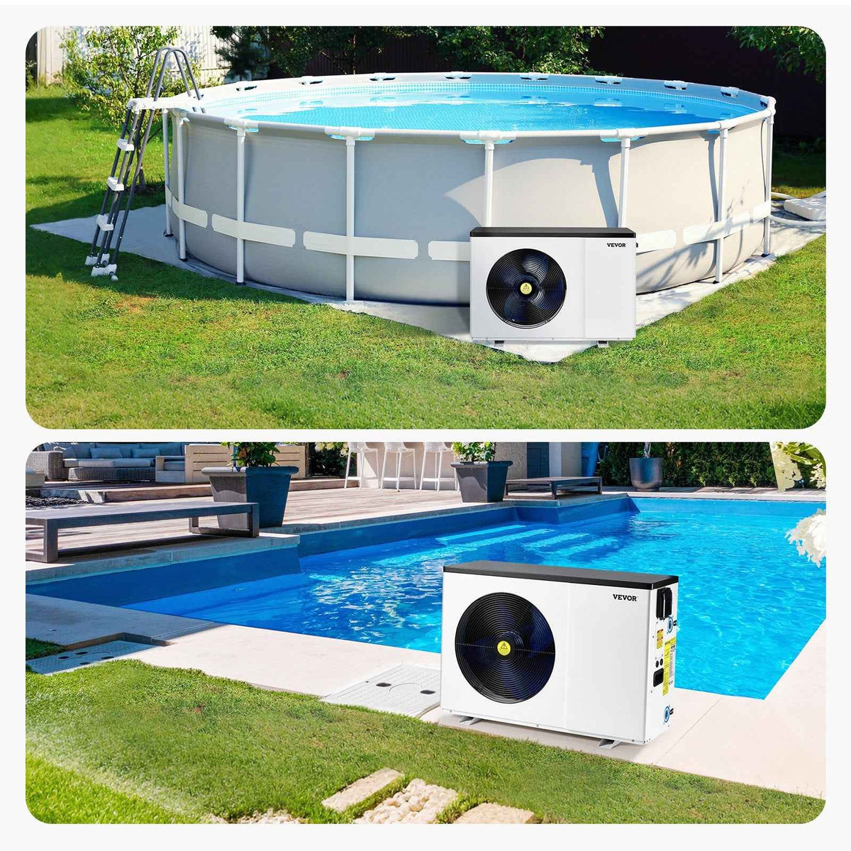 A white Electric Pool Heating Pump with a black circular fan, shown by an above-ground pool and an in-ground pool in a backyard.
