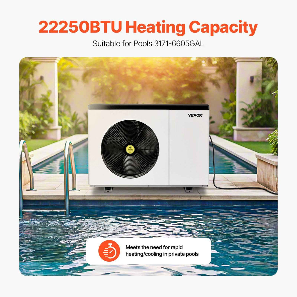 A white VEVOR 22,250 BTU Pool Heat Pump, suitable for pools up to 6605 gallons, sits by a sunny blue pool.