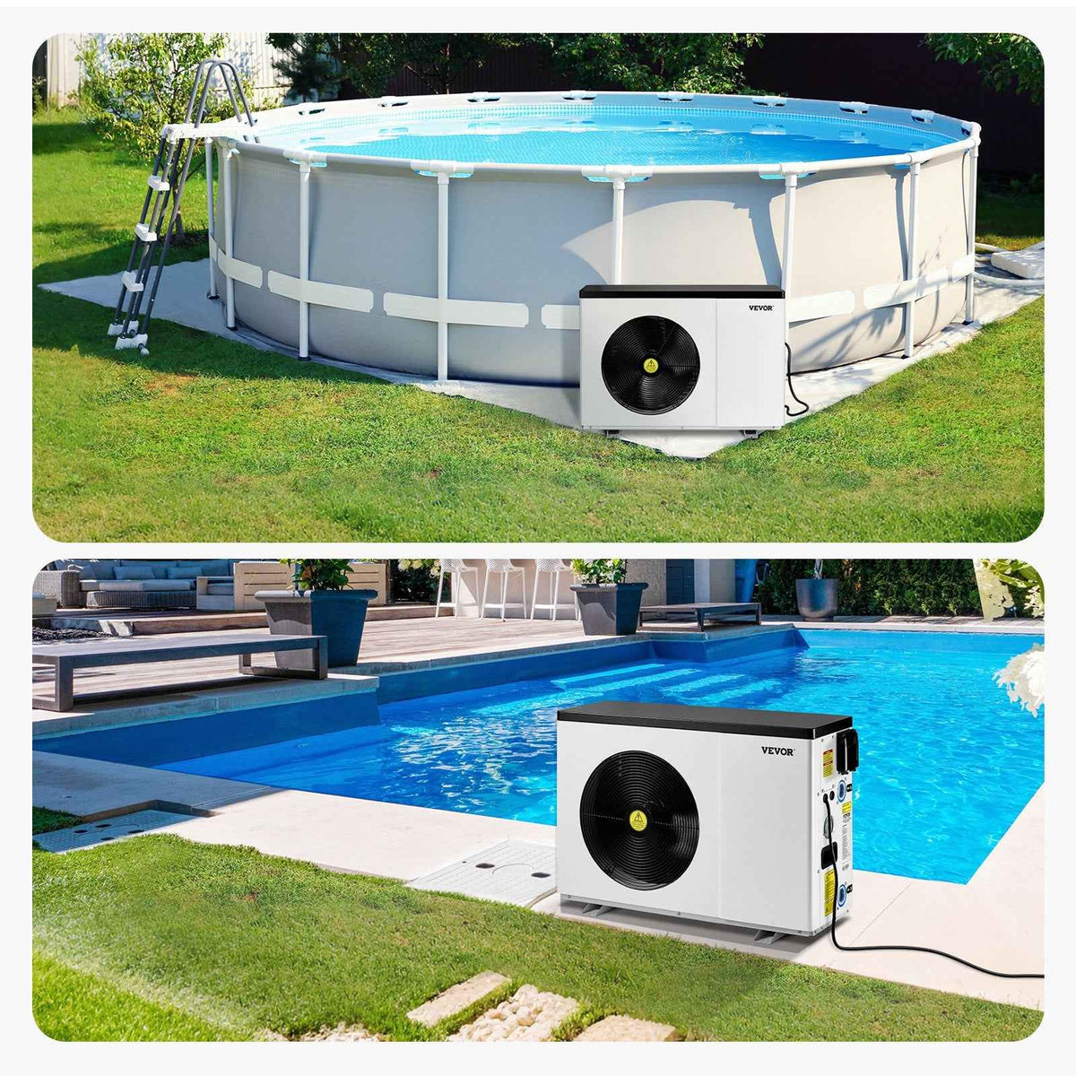 A white VEVOR 22,250 BTU electric pool heat pump with a black fan is shown with both an above-ground pool and an in-ground pool.
