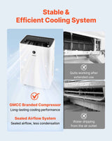 A white VEVOR 12000 BTU 4-in-1 portable air conditioner showcasing its stable cooling, GMCC compressor, and sealed airflow system.