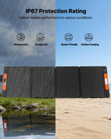 VEVOR's 200W portable solar panel for the 2400W power station, IP67 Waterproof & Dustproof, shown by a lake and on a beach.