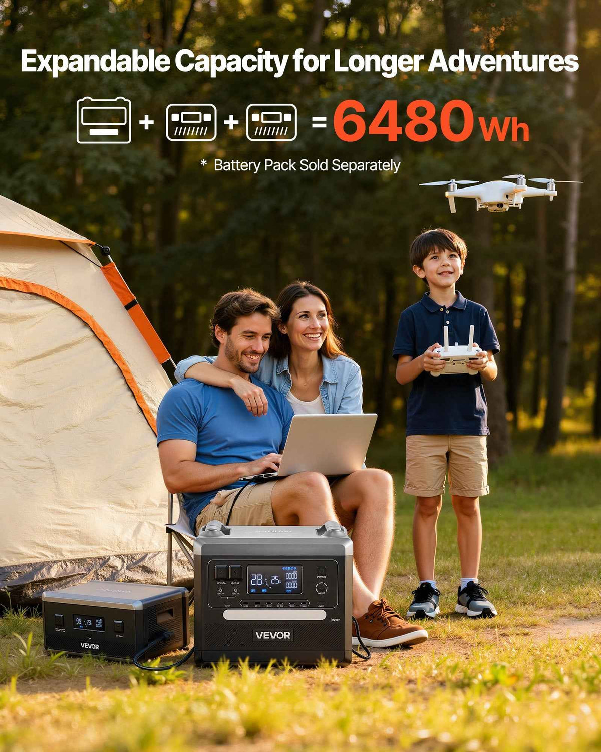 VEVOR 2400W portable power station and battery pack, providing 6480Wh expandable capacity for a family camping with a laptop and drone.