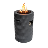 NatureScape Living 26" outdoor propane fire pit in dark grey, featuring a textured cylindrical design, hidden tank storage, and bright flames.