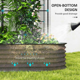 NatureScape Living Raised Garden Bed with Trellis, dark grey corrugated, shows plants thriving with drainage and root breathing.