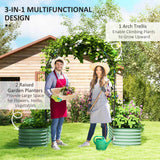 A happy couple enjoys NatureScape Living's Raised Garden Bed with Arch Trellis Set, featuring two green planters and a vine-covered arch for climbing plants.