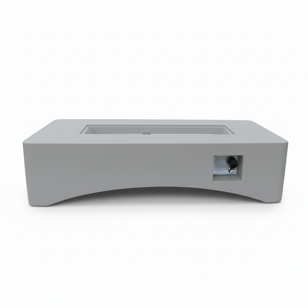 A light gray rectangular propane fire pit table with a modern minimalist design and a control knob on the side.
