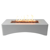 NatureScape Living's 56-inch modern minimalist rectangular propane fire pit table in light gray with flames burning over dark rocks.