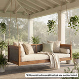 The TOPMAX Acacia Wood Swing Bed, featuring woven sides and natural wood, hangs on a porch. *Pillows&Cushions&Blanket are not included.