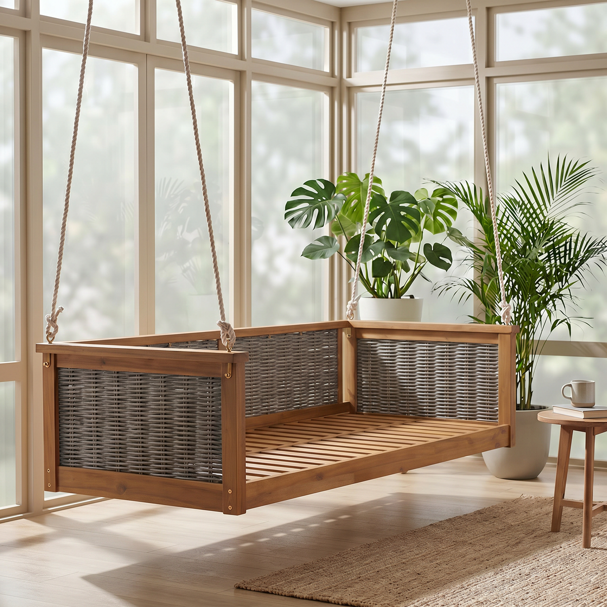 The TOPMAX Acacia Wood Swing Bed, made of light brown wood with gray woven panels, is suspended in a bright room with plants.
