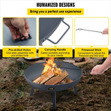 NatureScape Living's 34-inch carbon steel fire pit bowl with burning wood, detailed with easy assembly, carrying handle, and a firewood stick.