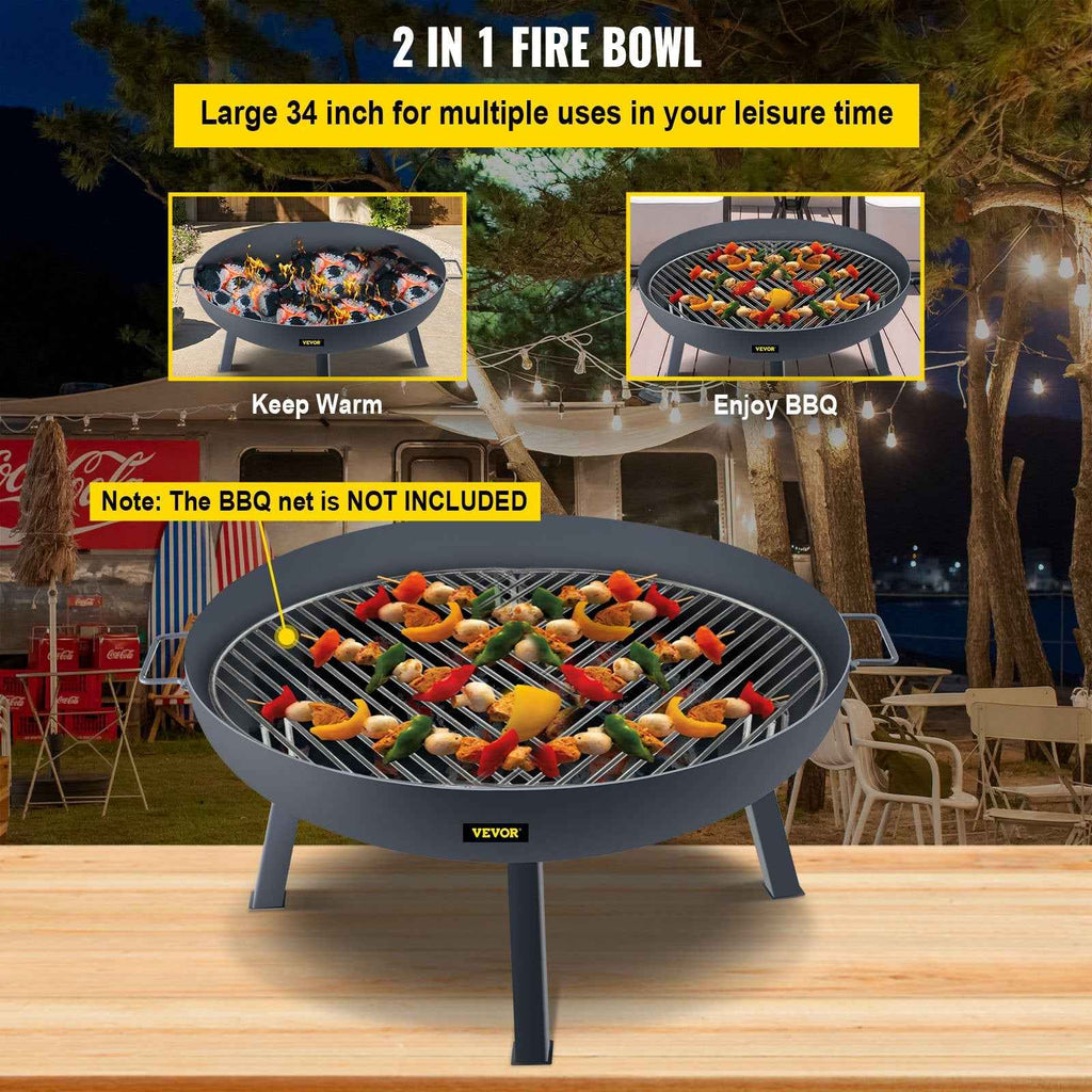 Vevor's 34-inch Round Fire Pit Bowl grilling skewers in an outdoor setting, showcasing its dual use. BBQ net not included.