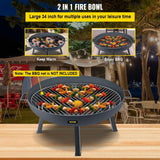 Vevor's 34-inch Round Fire Pit Bowl grilling skewers in an outdoor setting, showcasing its dual use. BBQ net not included.