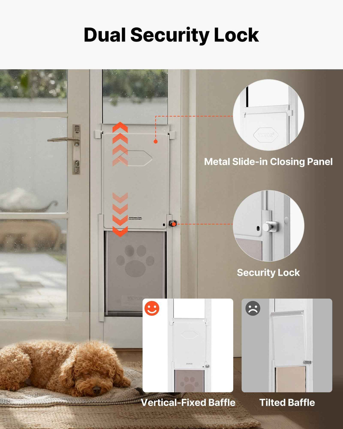 The NatureScape Living Sliding Glass Dog Door highlights its dual security lock and metal slide-in closing panel, with a resting poodle.