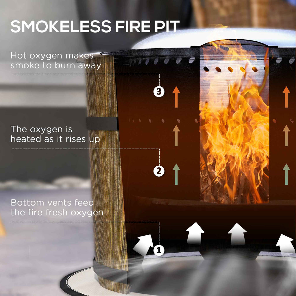 Smokeless Fire Pit cross-section diagram showing bottom vents feeding fresh oxygen to heat up and burn away smoke.