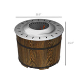 A round NatureScape Living smokeless fire pit with a wood-look barrel base and a silver top, featuring visible flames.