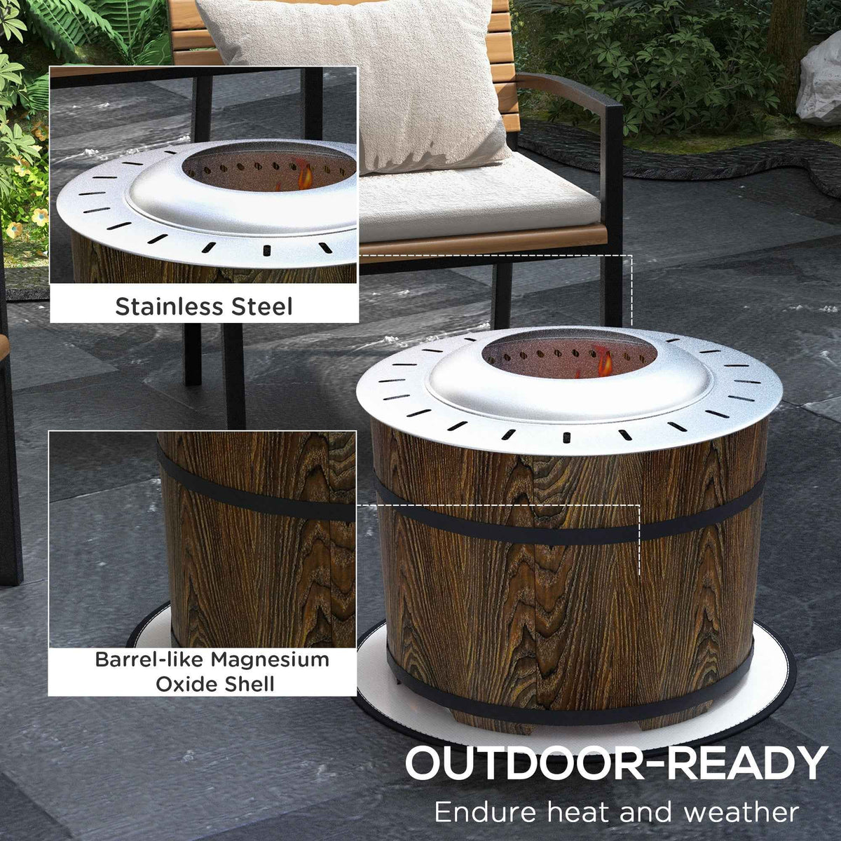 Smokeless fire pit with a wood grain magnesium oxide shell and stainless steel top, outdoor-ready to endure heat and weather.