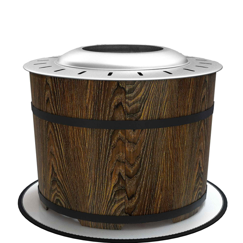 NatureScape Living's portable Smokeless Fire Pit features a dark wood barrel design with black bands and a silver top.