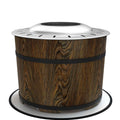 NatureScape Living's portable Smokeless Fire Pit features a dark wood barrel design with black bands and a silver top.