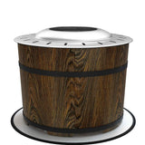 NatureScape Living's portable Smokeless Fire Pit features a dark wood barrel design with black bands and a silver top.