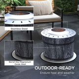 NatureScape Living Smokeless Fire Pit with barrel-like magnesium oxide shell and stainless steel top on a patio, outdoor-ready.