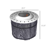 A NatureScape Living Smokeless Fire Pit features a black wood grain barrel base and a silver top with visible flames.