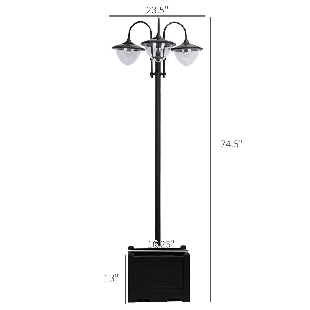 NatureScape Living's black 74.5" 3-head solar lamp post with a square planter base, perfect for outdoor entertaining.