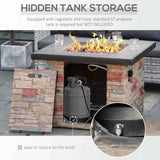 NatureScape Living's 32 Inch Square Fire Pit with a faux stone base shows its hidden propane tank storage.