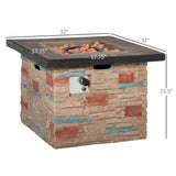 A NatureScape Living 32 Inch Square Fire Pit with a stacked faux stone base featuring reddish-blue accents and lava rocks.