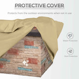 A NatureScape Living 32 Inch faux stone fire pit table with a beige protective cover, claiming water and dust protection.