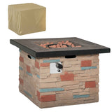A square faux stone propane gas fire pit table with a dark top, orange lava rocks, a control panel, and a tan cover.
