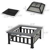 NatureScape Living 34" Square Wood Burning Fire Pit components: a black steel frame with a grey top, fire bowl, and spark screen.