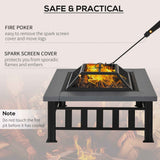 A square steel wood burning fire pit shown with its spark screen cover and poker, emphasizing its safe and practical design.