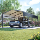 A black Galvanized Steel Carport Canopy with a heavy-duty triangle reinforced frame shelters a pickup truck in a green backyard.