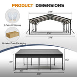 A NatureScape Living Steel Carport Canopy with a dark reinforced triangular frame, includes two pairs of gloves and crate packaging.