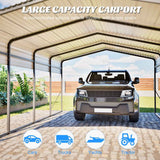 A large NatureScape Living Steel Carport Canopy protects a dark pickup truck, with "LARGE CAPACITY" text and icons for various vehicles.