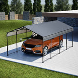 A durable gray galvanized steel carport canopy with a black frame shades an orange car on a paved driveway.